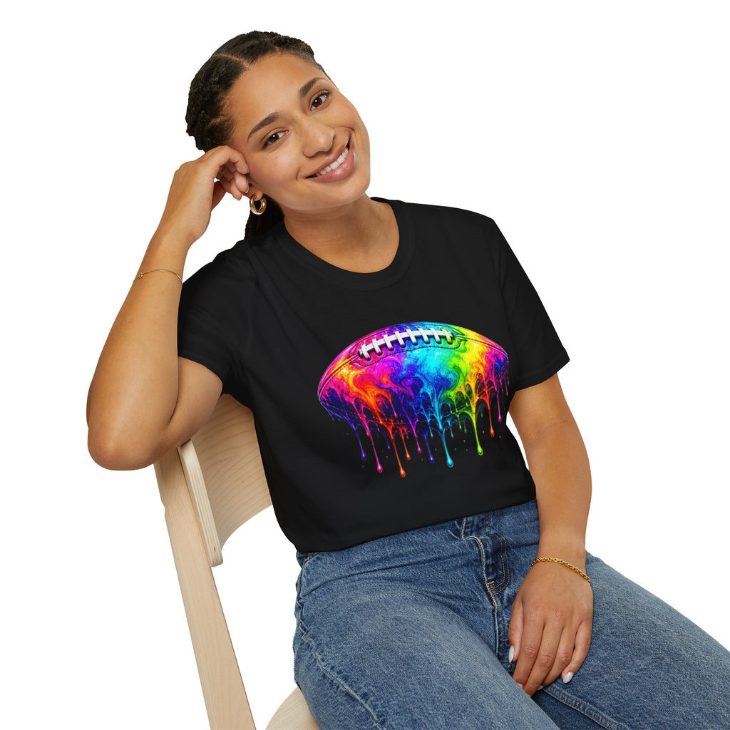 Rainbow Drip Football T-Shirt | Colorful Melting Football Tee