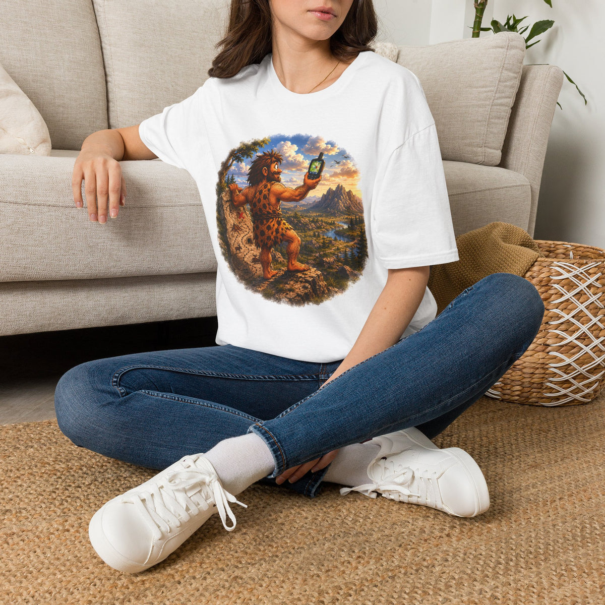 Caveman Using GPS T-Shirt