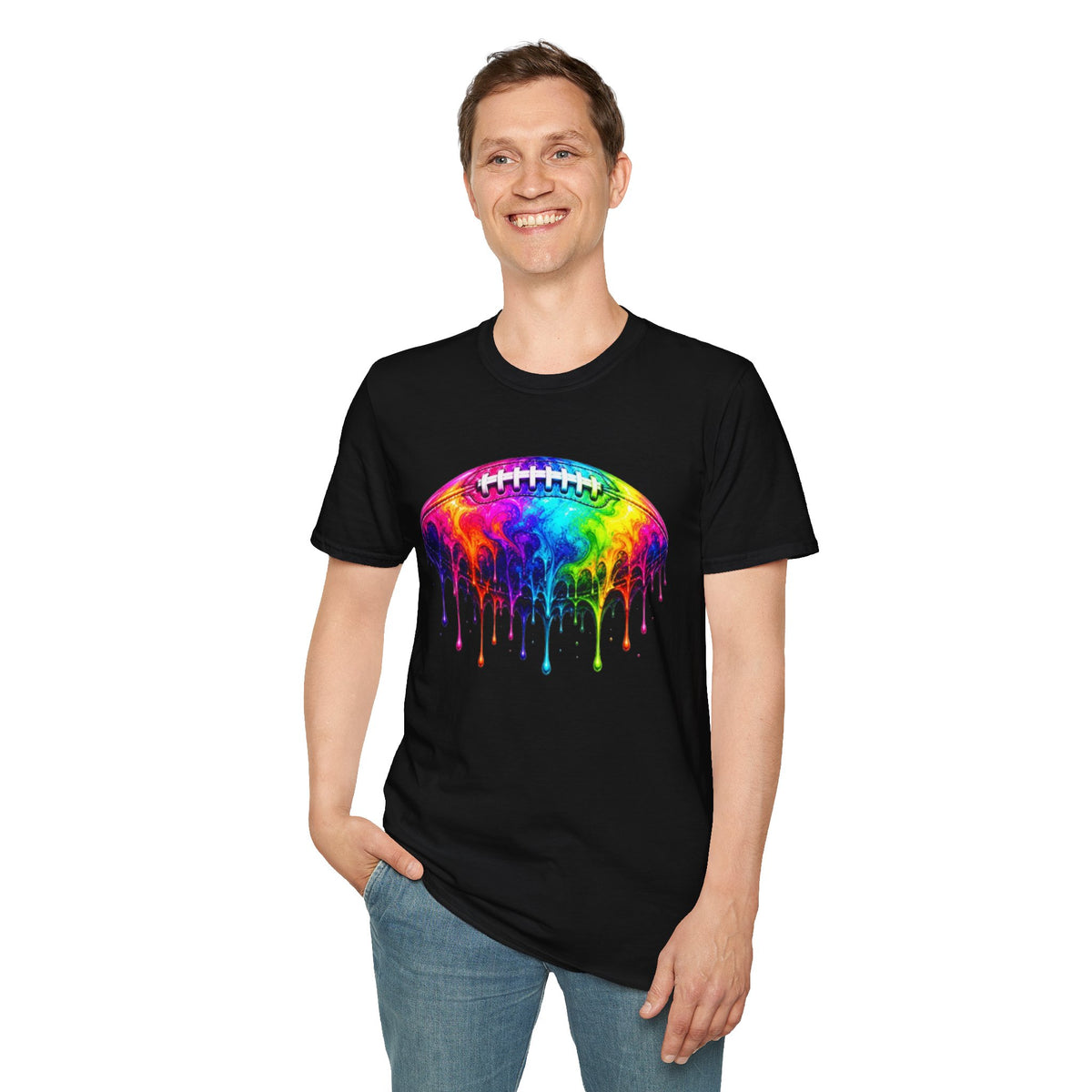 Rainbow Drip Football T-Shirt | Colorful Melting Football Tee