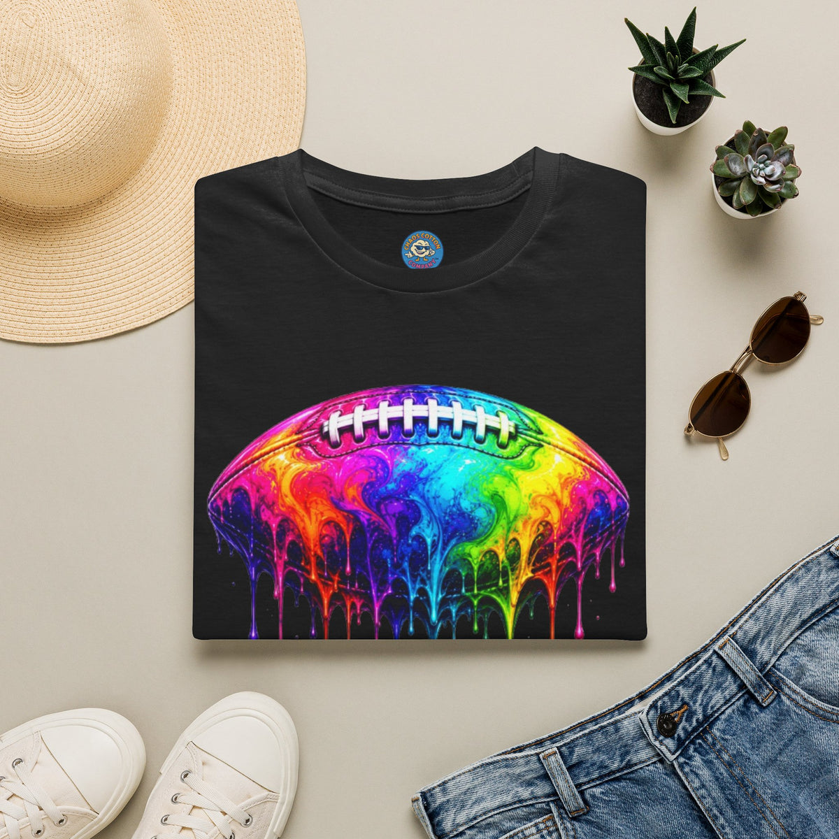 Rainbow Drip Football T-Shirt | Colorful Melting Football Tee