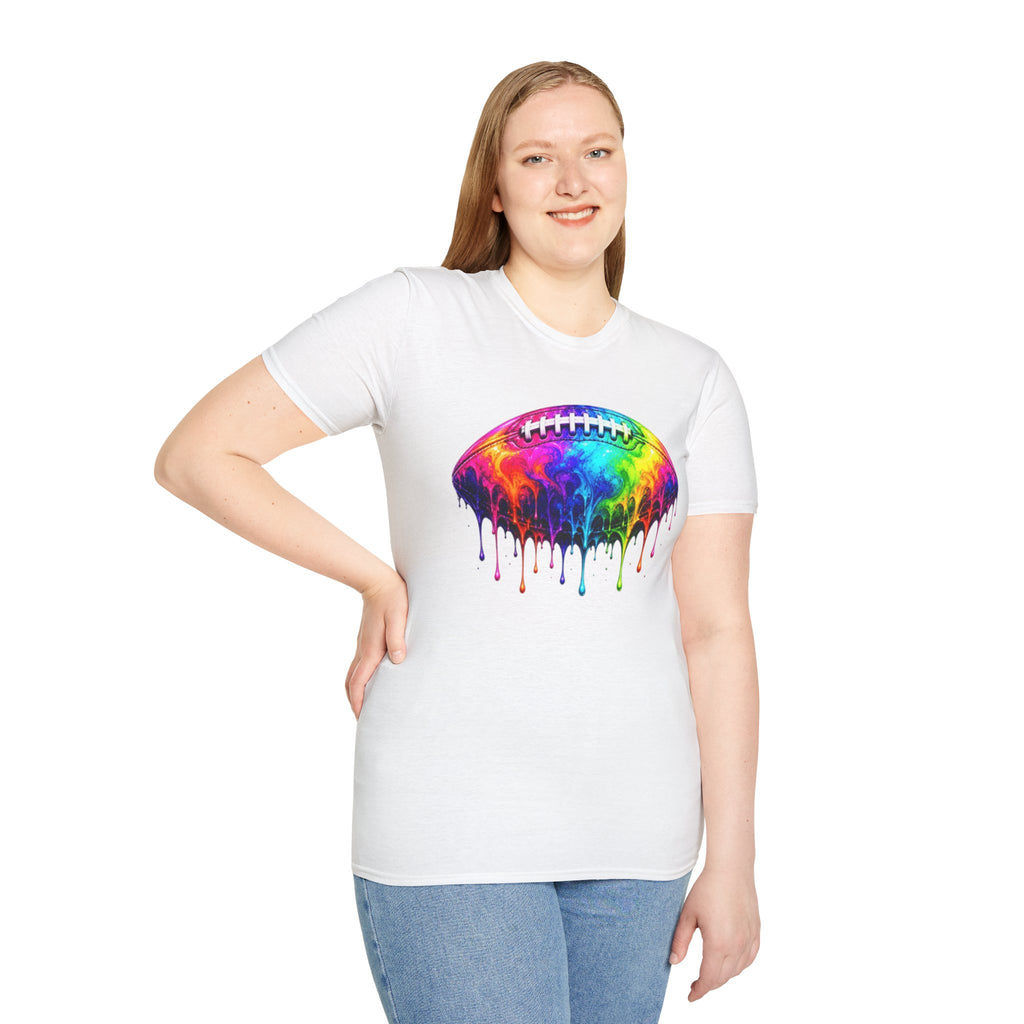 Rainbow Drip Football T-Shirt | Colorful Melting Football Tee