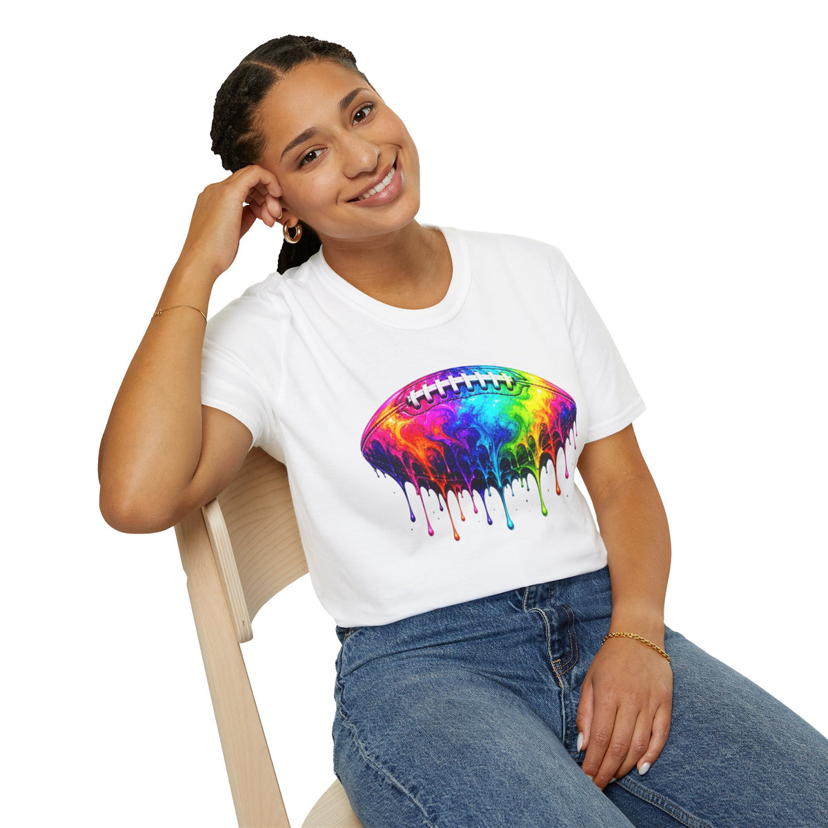 Rainbow Drip Football T-Shirt | Colorful Melting Football Tee