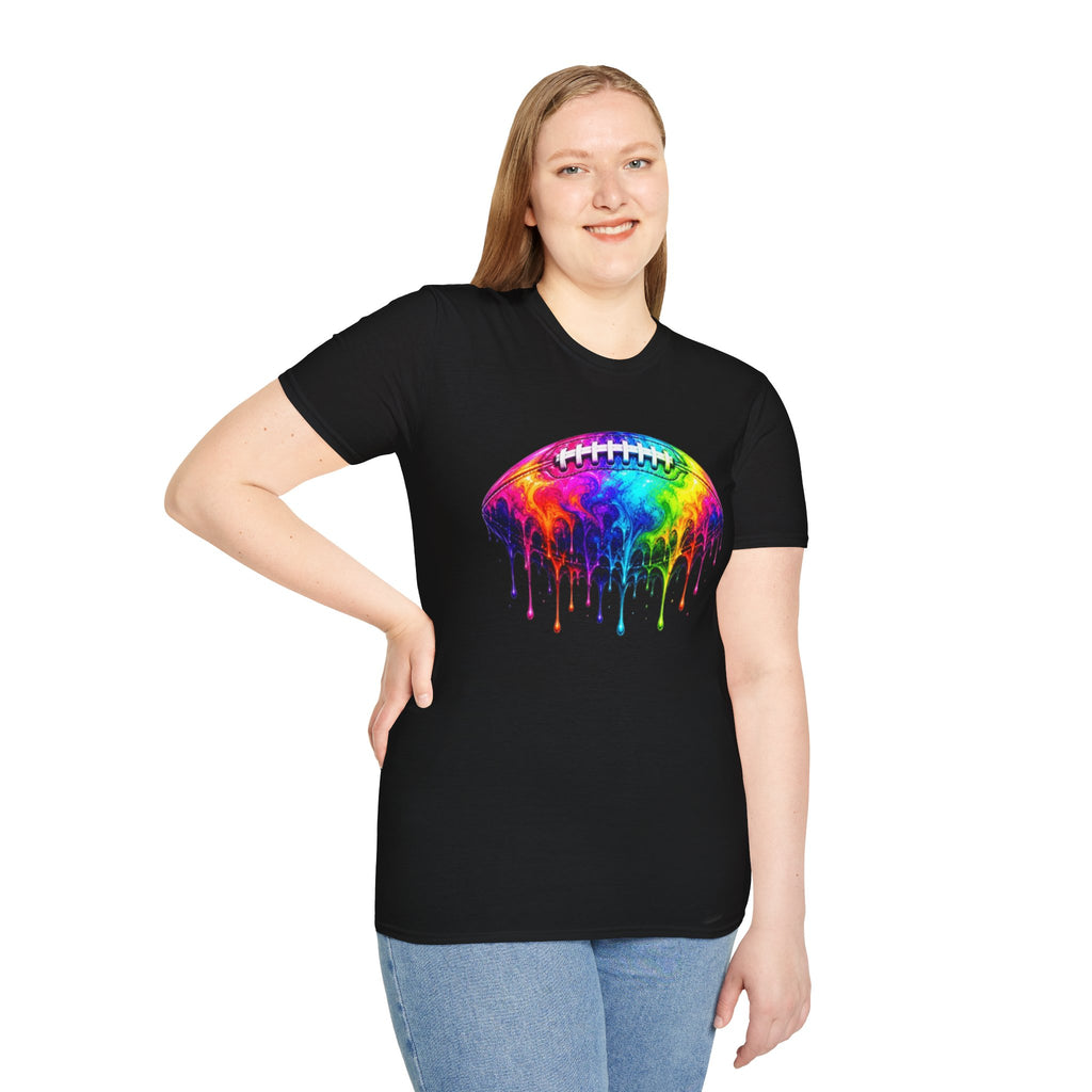 Rainbow Drip Football T-Shirt | Colorful Melting Football Tee