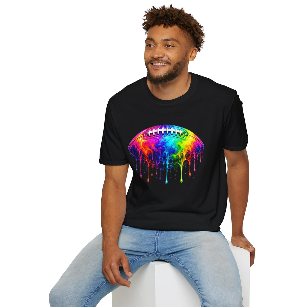 Rainbow Drip Football T-Shirt | Colorful Melting Football Tee