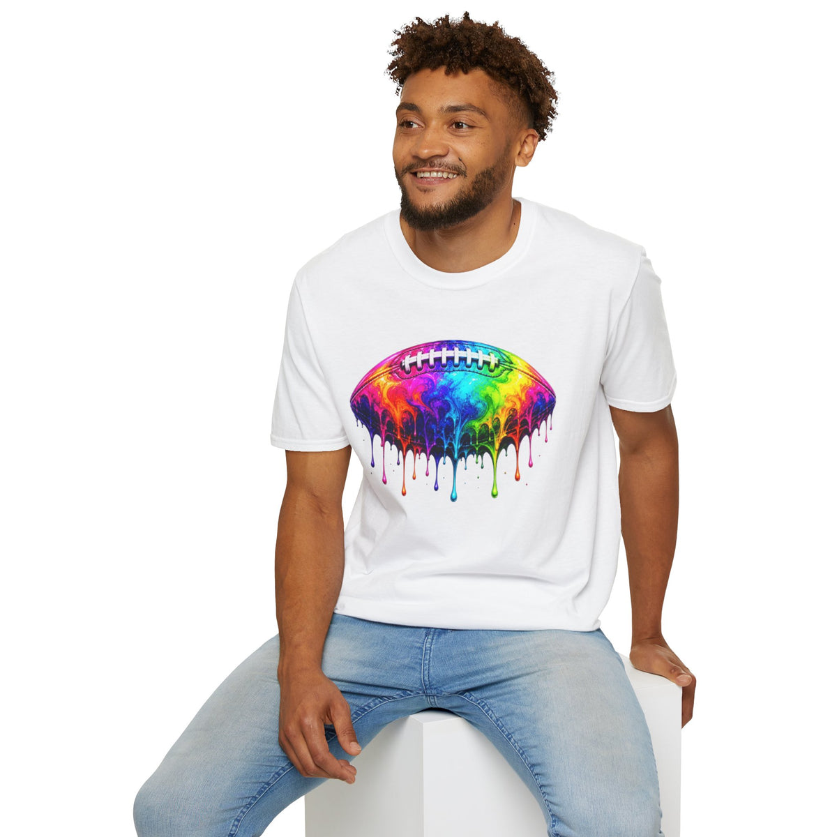 Rainbow Drip Football T-Shirt | Colorful Melting Football Tee